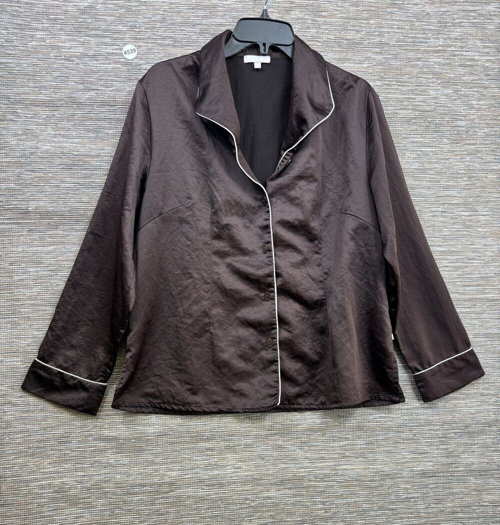 Barefoot Dreams Pajama Top Womens XS Brown Satin Piped Button Front Long Sleeve